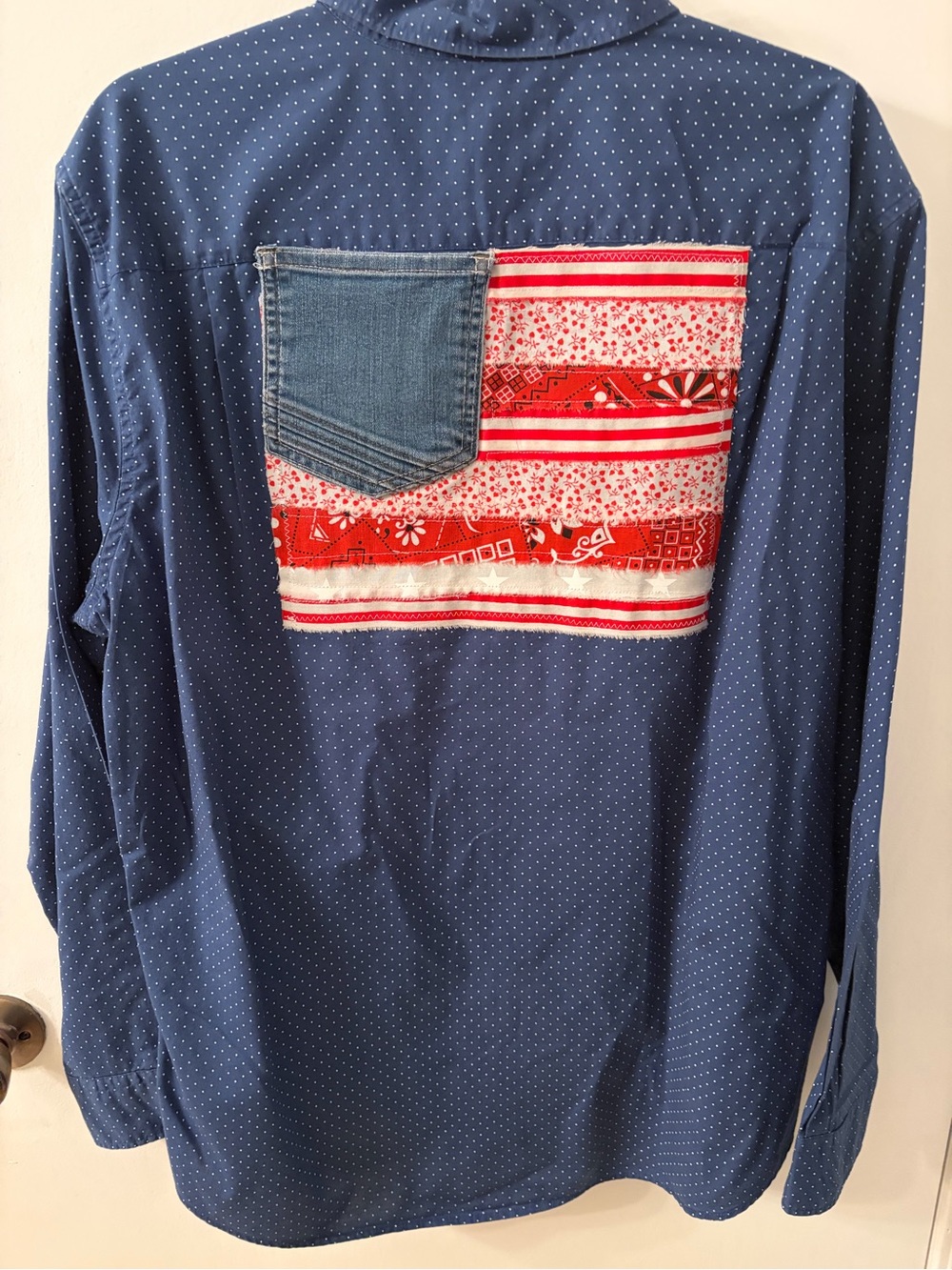 American Eagle Outfitters Navy Polka Dot Shirt with Red Patch and Denim Pocket